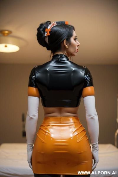 Latex top and skirt, orange, lip ring, gold bicep bands, lip piercing, nose ring, latex arn gloves, nipples showing through top, (((nurse))) - ai-porn.ai on pornintellect.com