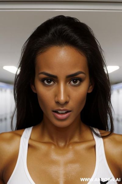 Close up, extremely tanned track runner, changing clothes in locker room, clothes pulled over head, surprised expression - ai-porn.ai on pornintellect.com