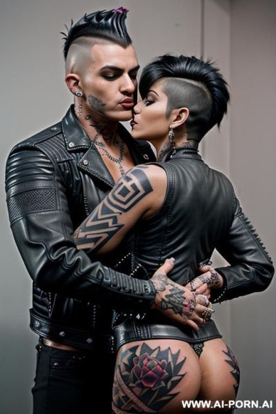 (((((tattooed latina milf kissing a man))))) ((((((gigantic tits)))))) ((makeup)) , ((((tight black leather jacket)))) (((mohawk hair))) ((((big ass)))) - ai-porn.ai on pornintellect.com