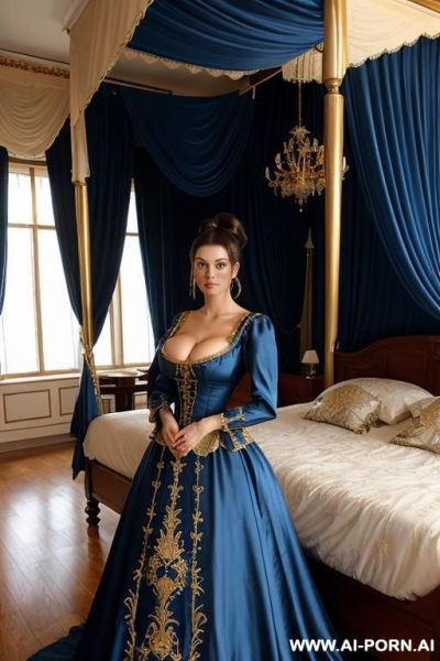 20 year old woman, luxurious blue silk bedsheets, blue castle bedroom, (victorian era noblewoman in blue ballgown dress with gold embroidery, standing in front of bed), medieval era mansion - ai-porn.ai on pornintellect.com
