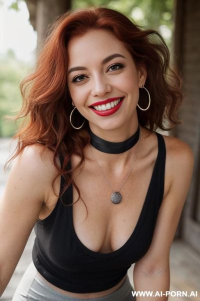 ((topless)), ((natural plump breasts), (pretty face), (wide hips), (soft seductive smile), (tight yoga pants), (choker) - ai-porn.ai on pornintellect.com