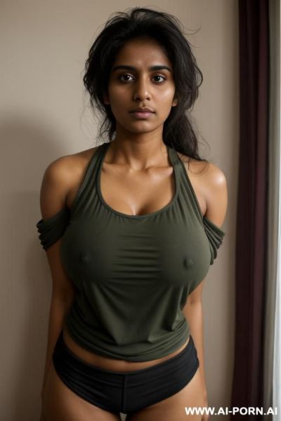 Extremely tanned pakistani, bedroom, unkempt hair, tired panda eyes, loose fitting tank top, one exposed breast, hard nipples, short athletic shorts, off shoulder open athletic jacket, exhausted expression - ai-porn.ai - Pakistan on pornintellect.com