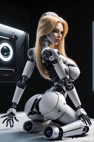 Sexbot, front view, full body view, sitting on floor in spaceship, leaning back against wall, right leg straight, left leg bent, looking at viewer, beautiful seductive human face with tanned - ai-porn.ai on pornintellect.com