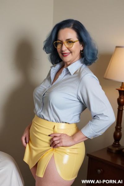 Latex lingerie, brightly lit room, full amazon gilf body view, standing position, rear side view, slightly chubby stomach, extremely angry, looking directly at viewer - ai-porn.ai on pornintellect.com
