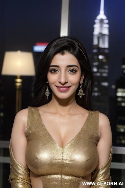 (((urwa hocane)) (christmas), ((smiling at the camera)), photorealistic, punjabi dark complexion, (ultra detailed photo), (hyper realistic photo), standing in a fancy luxurious sky rise penthouse in - ai-porn.ai on pornintellect.com
