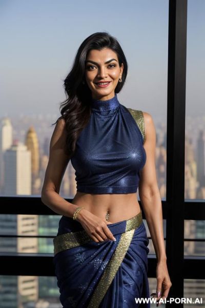 ((sushmita sen)), ((shiny sparkling indigo spandex sleeveless christmas patterned crew neck sari )), balcony ((smiling at the camera)), photorealistic, punjabi , (ultra detailed photo), (hyper realistic - ai-porn.ai on pornintellect.com