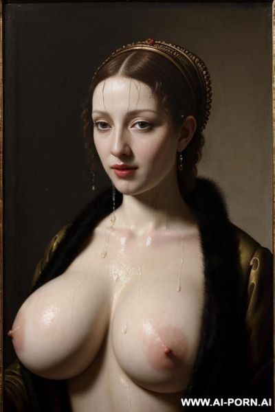 Flemish renaissance painting, topless, dense white cum dripping from her face, showing boobs - ai-porn.ai on pornintellect.com