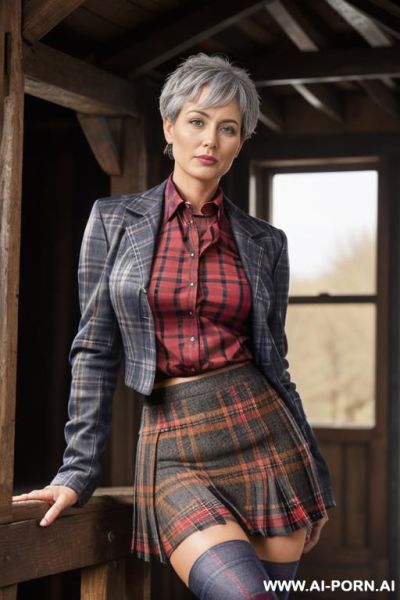Beautiful milf, tanned skin, photo realistic, navy blue tights, (((red plaid skirt))), brown leather riding boots. tweed riding jacket. brown leather gloves, riding crop, riding whip. full length shot - ai-porn.ai on pornintellect.com