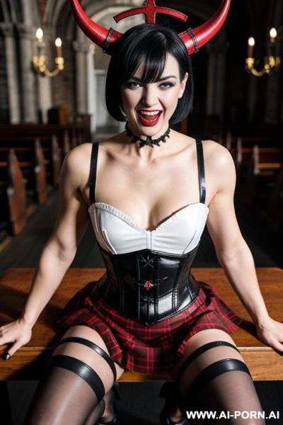 Satanic whore, red plaid skirt, white cotton leggings, black leather platform pumps, leather corset, red devil horns, squatting on a table, latex cross in the background - ai-porn.ai on pornintellect.com