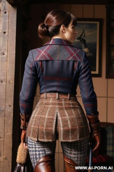 Beautiful milf, tanned skin, photo realistic, (((navy blue tights))), (((red plaid skirt))), (((brown leather riding boots))). (((tweed riding jacket))). (((brown leather gloves))), riding crop, riding whip. full length shot - ai-porn.ai on pornintellect.com