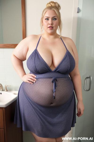Very fat ssbbw, blonde hair bun, huge belly, huge ass, transparent string , bathroom, stand up, slanted blue eyes, bbw face, cheekbone, mouth open, surprised, stand up, show boobs - ai-porn.ai on pornintellect.com