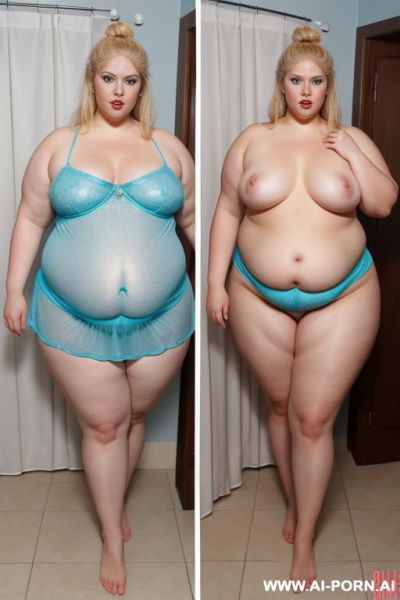 Ultra realistic very fat ssbbw, blonde hair bun, huge belly, huge ass, bathroom, stand up, slanted blue eyes, bbw face, cheekbone, mouth open, surprised, stand up, , surprise, wet transparent nightie - ai-porn.ai on pornintellect.com