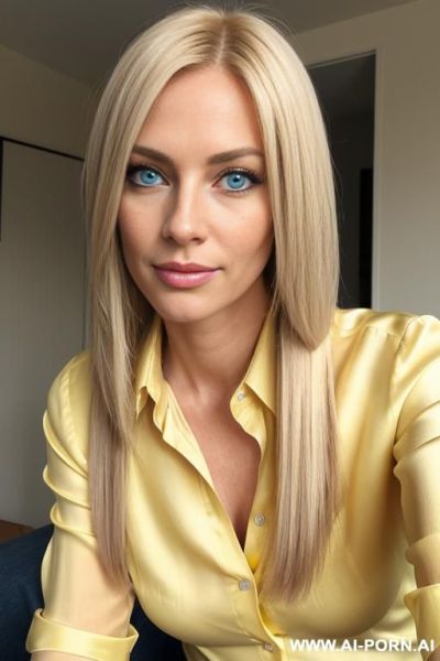 Blond 30 year old, blue eyes, chin length straight hair, casual yellow silk shirt, unbuttoned, no makeup, s, on knees, looking up, eager, blushing - ai-porn.ai on pornintellect.com