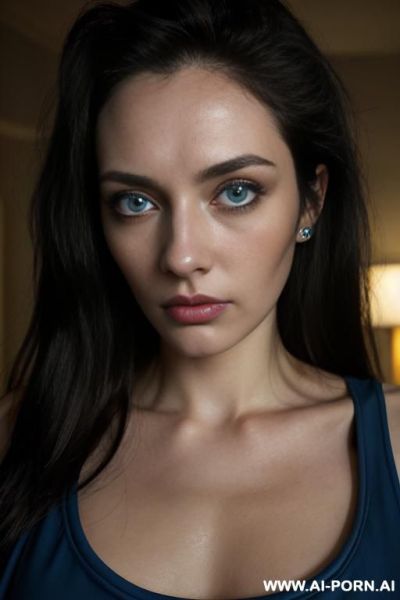 Close up, pallid skin, dark hotel room at night, long unkempt hair black hair, tired panda eyes, blue eyes, blue eye tint, tank top, off shoulder open athletic jacket, exhausted expression - ai-porn.ai on pornintellect.com