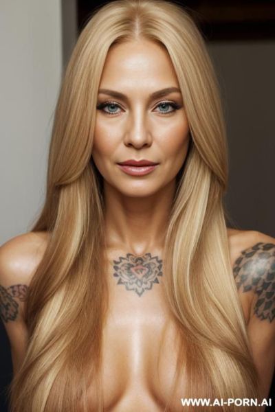 Blonde, beautiful long hair, healthy hair, old pretty face , croatian, full body, no fat, old facial wrinkles, (big brown eyes), naked, full body tatoos, - ai-porn.ai - Croatia on pornintellect.com