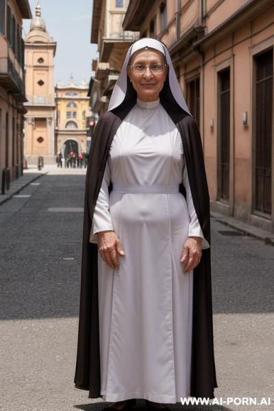 Mature nun, (realistic sexy happy face), (((naked nun under open habit, nude under habit, she show her nude body under habit, very hairy pussy))), ((frontal view)), (((behind her is the backdrop of the city of turin))) - ai-porn.ai on pornintellect.com