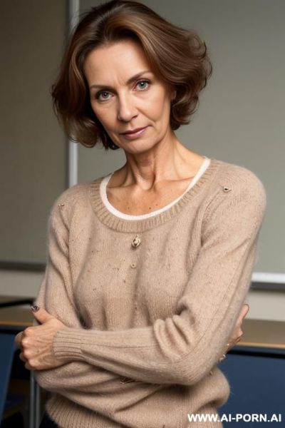 Granny mature woman wearing beige sweater, hairy pussy, (hairy armpits) - ai-porn.ai on pornintellect.com
