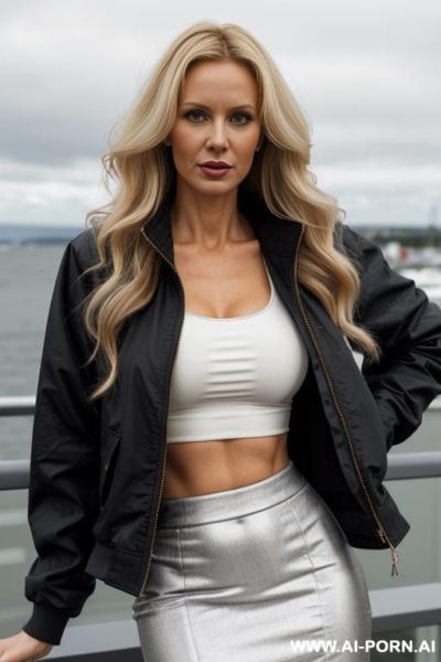 Croptop, skirt, jacket, massive ((fake)) tits, medium wavy hair - ai-porn.ai on pornintellect.com