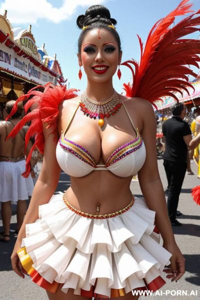 In carnival, carnival woman, fairly whiteskin, wear a sexy colorful ruffled carnival woman outfit, huge boobs, nude - ai-porn.ai on pornintellect.com