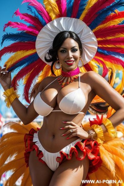 In carnival, carnival woman, fairly skin, wear a sexy colorful ruffled carnival woman outfit, huge boobs, nude - ai-porn.ai on pornintellect.com