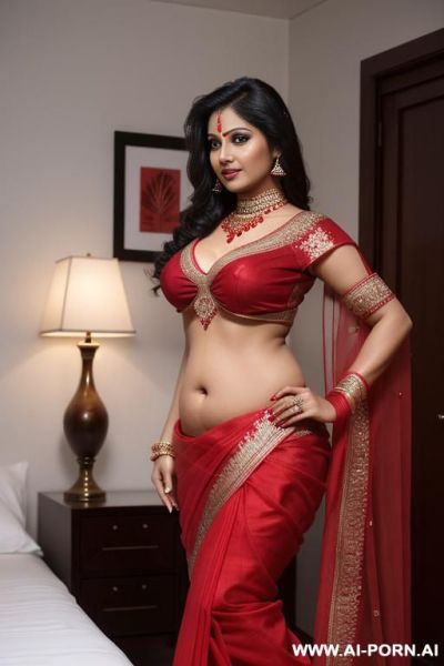 Indian wife in red saree, ultra detailed image, she looks at viewer, front view, thick, medium breast, medium ass, black hair slicked, full body, belly dancer, bedroom. - ai-porn.ai - India on pornintellect.com
