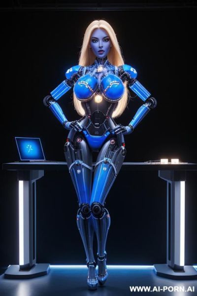 Robot, front view, full body view, standing, hands on spaceship control desk, looking at viewer, beautiful seductive human face with tanned silicone skin, long straight blonde hair, big lips, wide - ai-porn.ai on pornintellect.com