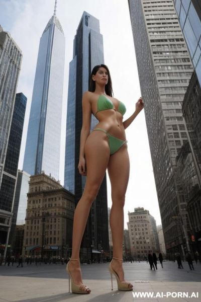 At the feet of a tall giantess with huge, very long, slender feet. she is standing up taller than buildings around her. (((her feet are enormous))) - ai-porn.ai on pornintellect.com