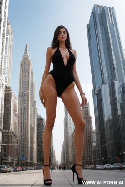 At the feet of a tall giantess with huge, very long, slender feet. she is standing up taller than buildings around her. (((her feet are twice normal sizel))) - ai-porn.ai on pornintellect.com