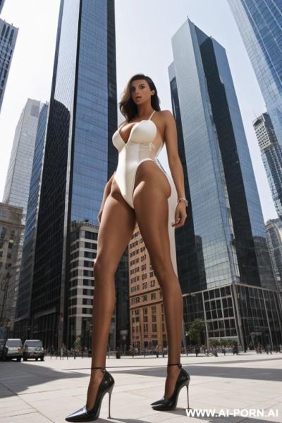 At the feet of a tall, slender giantess who is taller than the buildings around her. (((she has massive long and wide feet))) - ai-porn.ai on pornintellect.com