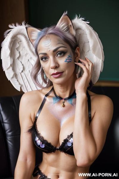 Face, sexy, beautiful, ((face painting)), ((body painting)), ((bikini as seashell)), ((roses)), ((eyes shw)), ((angel wings)), ((rainbow hair)), ((glitter)), ((long bu hair)), ((heterochromia eyes)), ((wind)), - ai-porn.ai on pornintellect.com
