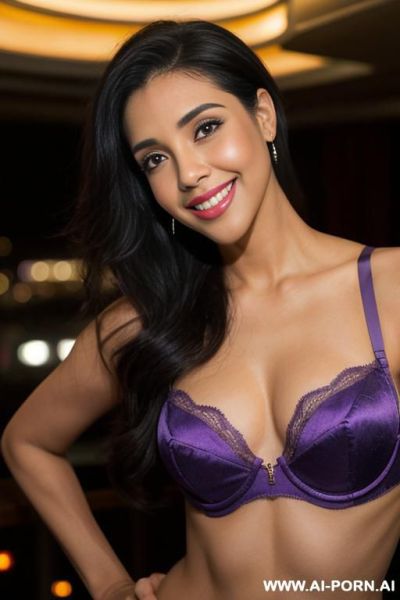 (((asin))), ((purple bra )), (christmas), (big full lips), ((smiling at the camera)), photorealistic, indian, (ultra detailed photo), (hyper realistic photo), standing in a fancy luxurious sky rise - ai-porn.ai - India on pornintellect.com