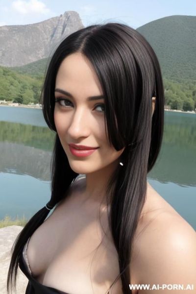 Beautiful brunette lady with medium-large naked breasts facing and leaning ford. she has a seductive smile. behind her is a beautiful lake and mountain with lots of trees and bushes. - ai-porn.ai on pornintellect.com
