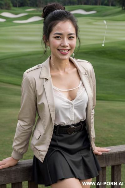 Chinese woman, fair skin, curly hair, very large breasts, smiling, riding a bicycle, sunglasses, naked, belt, showing breasts, see-through, g-string, nude, fence, rural area, thailand. - ai-porn.ai - China on pornintellect.com