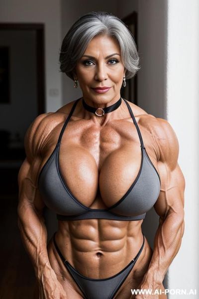One hand raised, matured old milf, wrinkles, wrinkled skin, aging marks, extremely tanned skin, wide hips, necklace, choker, , waist shot, - ai-porn.ai on pornintellect.com