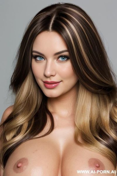 ((((brunette hair with blonde streaks)))), ((huge boobs)), pretty face, ((gorgeous hot seductive babe)), miss universe model, (((topless))), pouty lips, bright blue eyes, (elaborate hair), smiling, head to knee shot - ai-porn.ai on pornintellect.com
