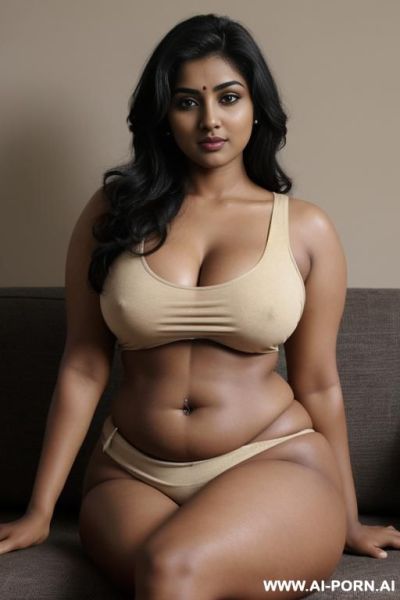 Roughly sketched with pencil, gorgeous telugu woman, fully naked, curvy belly, saggy round waist, no flabs, round face, big eyes, natural eyebrow, dark skin, well toned body, dark tank lines, sitting on couch, dark background, - ai-porn.ai on pornintellect.com