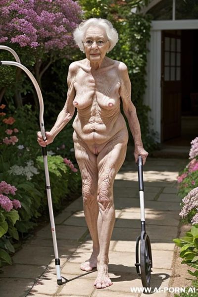 A very frail elderly nude woman with great difficulty able to walk in a garden, using a quad cane. and very beautiful naked woman - ai-porn.ai on pornintellect.com