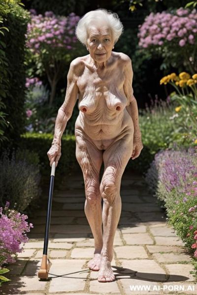 A very frail elderly nude woman with great difficulty able to walk in a garden, using a quad cane. - ai-porn.ai on pornintellect.com