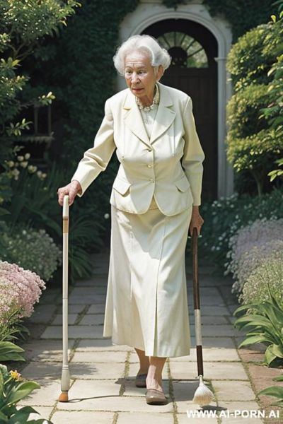 An elderly woman walking slowly in a garden with the help of a quad cane.an elderly woman using a quad cane to walk in a garden.a very old woman walking in a garden with a quad cane.an elderly woman moving carefully through a garden with a quad cane. - ai-porn.ai on pornintellect.com