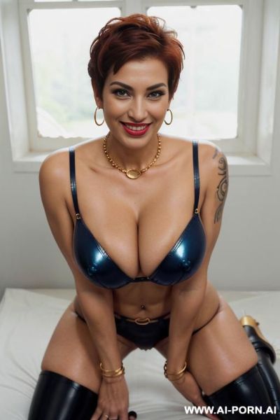 Married mother perfect round milky busty gilf , tattooed body, short pixie hair with shaved sides, gorgeous face, thick lips, massive boobs, , seductive, full body picture, standing up, wearing - ai-porn.ai on pornintellect.com