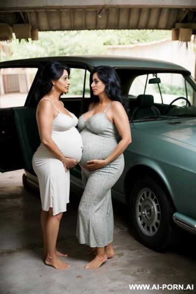Pregnant very old latina grandma grey hair, pregnant latina wife green eyes black hair, two women harem, barefoot, romantic, seductive, garage, car - ai-porn.ai on pornintellect.com