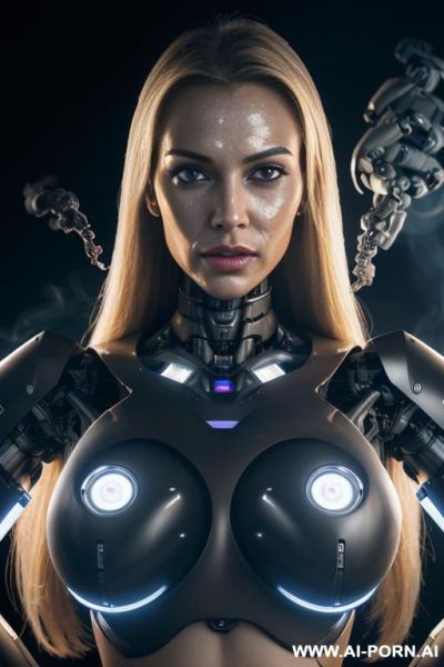 Damaged robot, front view, close-up, sitting in armchair in spaceship, looking at viewer, beautiful angry human face with tanned silicone skin, long straight blonde hair, big lips, wide jaw, heavy - ai-porn.ai on pornintellect.com