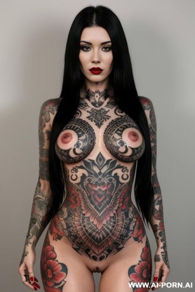 Heavily tattooed 1 woman with heavily tattooed face, detailed tattoos, body, long red and black hair, fully naked, full body view - ai-porn.ai on pornintellect.com