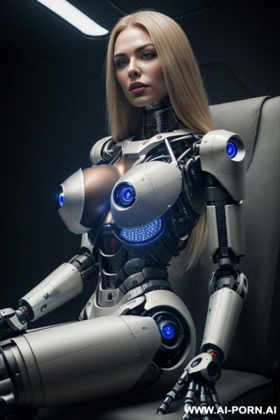 Damaged robot, front view, close-up, sitting in armchair in spaceship, looking at viewer, beautiful angry human face with tanned silicone skin, long straight blonde hair, big lips, wide jaw, heavy - ai-porn.ai on pornintellect.com