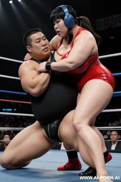 Otaku asian beauty, buxom, beautiful and sensual, obese and muscled bulked up, huge thighs, in the wrestling ring squashing a weak man - ai-porn.ai on pornintellect.com