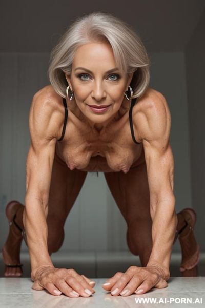 ((very old mature milf)), ((ugly very old lady)) (completely naked) (no clothes) (sexy standing pose, eye contact) (((narrow hips:1.3))) (((tighs))), ((( figure))) , (((shows shaved pussy))) (show - ai-porn.ai on pornintellect.com
