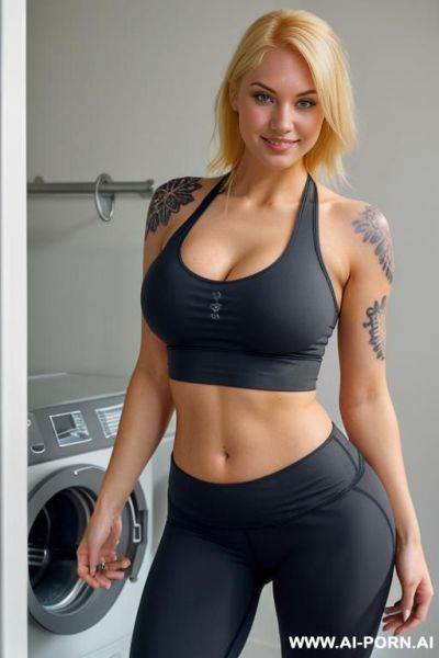 Half-length photo, ((half body photo shot close up)). as a set in the laundry area, a (((very obese))) thick and bbw redhead british, ((she is washing clothes)). ((all tattoo flowers arm)) - ai-porn.ai - Britain on pornintellect.com