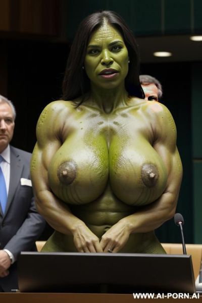Ork woman, massive breasts, massive athletic figure, (green skin), stand behind the un podium, in the un - ai-porn.ai on pornintellect.com