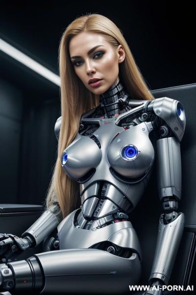 Damaged robot, front view, close-up, sitting in armchair in spaceship, looking at viewer, beautiful angry human face with tanned silicone skin, long straight blonde hair, big lips, wide jaw, heavy - ai-porn.ai on pornintellect.com