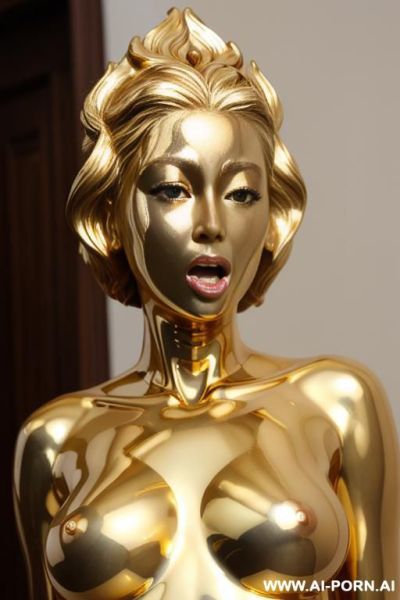 Hands on tits, naked, golden skin, solid gold skin, shiny gold skin, confused expression, open mouth, naked, statue, golden statue, transformed into gold, nsfw, anime, sexy - ai-porn.ai on pornintellect.com